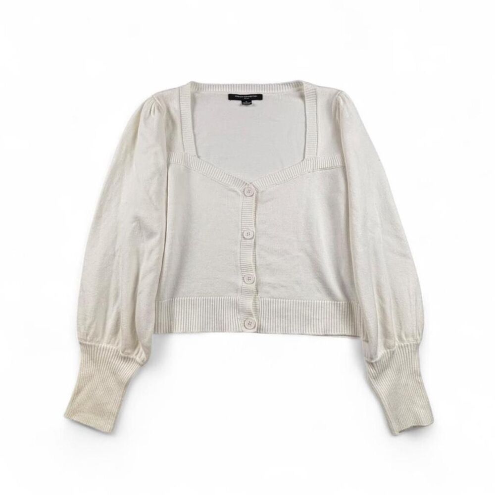 French Connection White Cropped Cardigan XL Puff Sleeve Cottagecore Balletcore